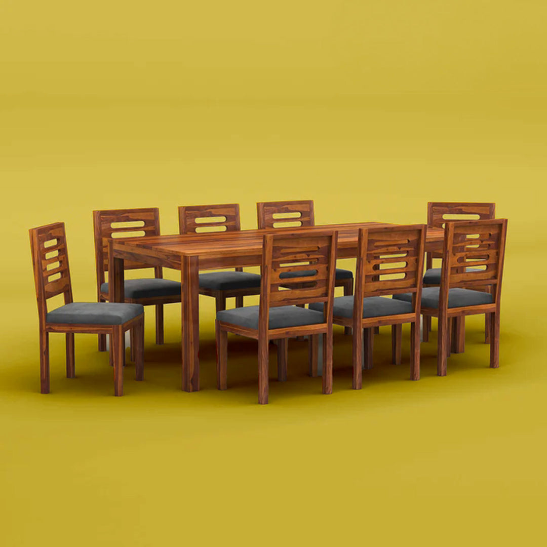 Girish Sheesham Wood 8 Seater Dining Set with Upholstery Chair (Honey Finish)