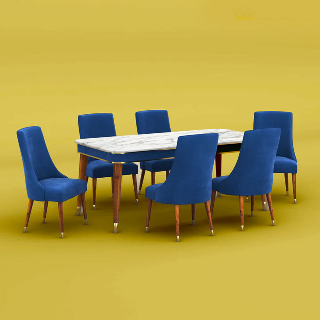 Gautam Marble Top 6 Seater Dining Set (Velvet, Royal Blue)