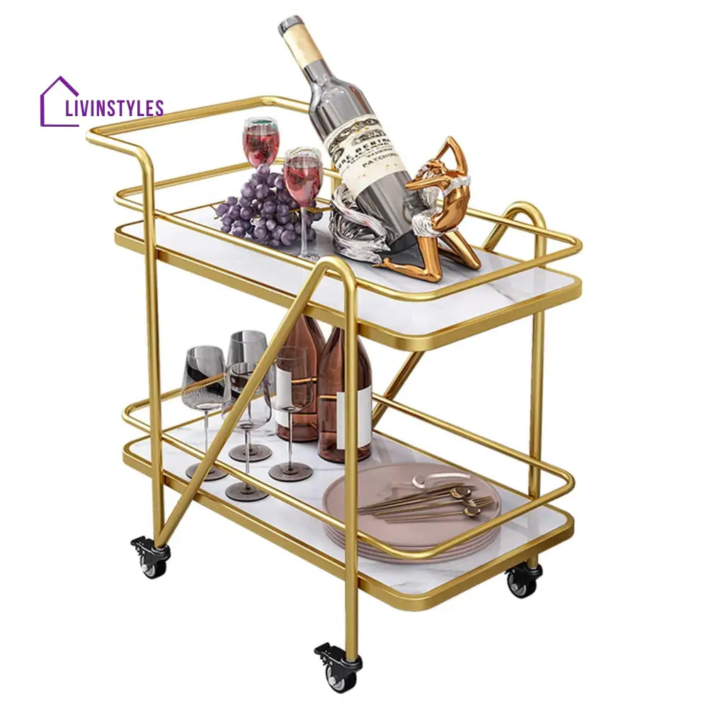 2 Tier Metallic Marble Elegance Rolling Bar Cart Serveware