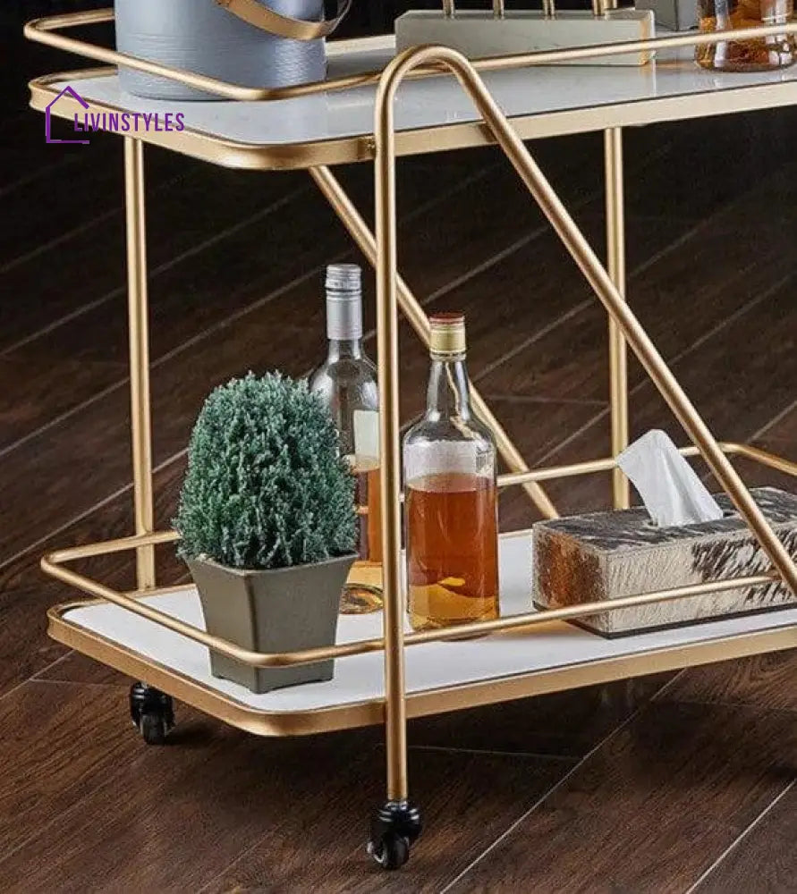 2 Tier Metallic Marble Elegance Rolling Bar Cart - Stylish And Functional Serving With Wheels