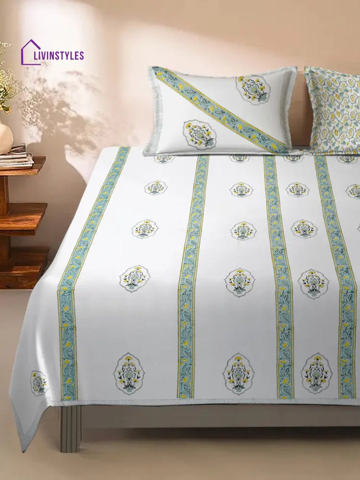 240 Tc Percale White Cotton Hand Block King Bedsheet With 2 Pillow Covers Bed Sheet