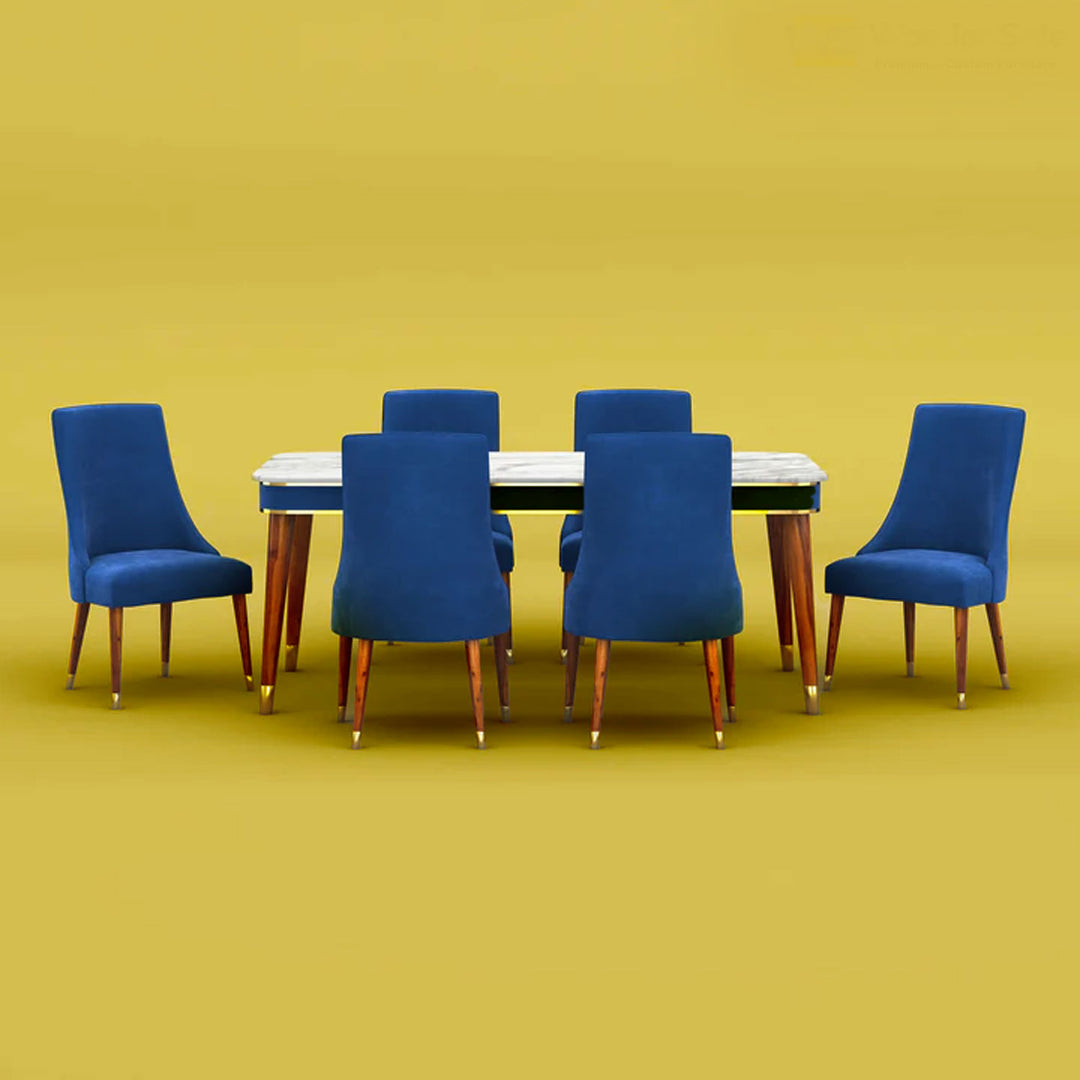 Gautam Marble Top 6 Seater Dining Set (Velvet, Royal Blue)