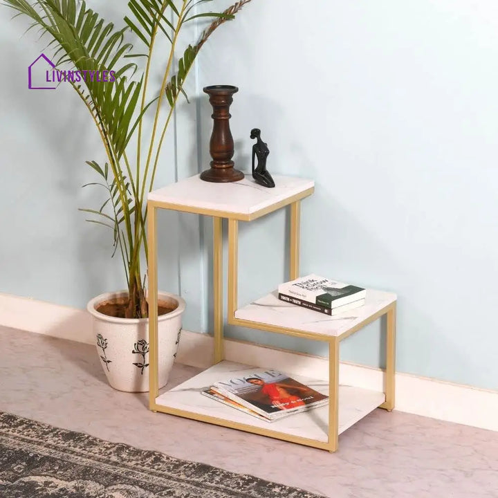 3-Tier Modern Side Table with Storage Shelf with Golden Metal Finish Table