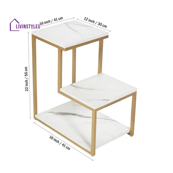 3-Tier Modern Side Table with Storage Shelf with Golden Metal Finish Table