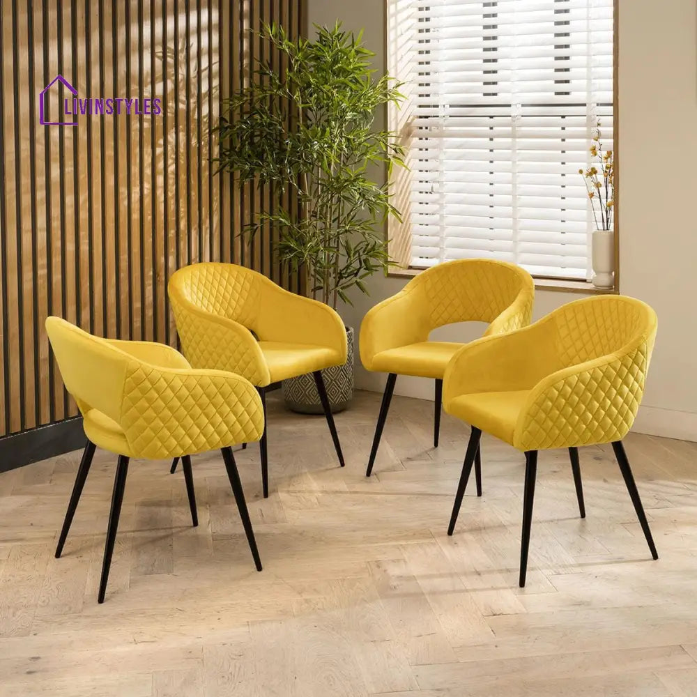 4 Eden Velvet Carver Dining Chairs Yellow