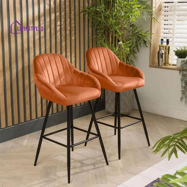 4 Horizon Velvet Bar Stools Orange Kitchen /