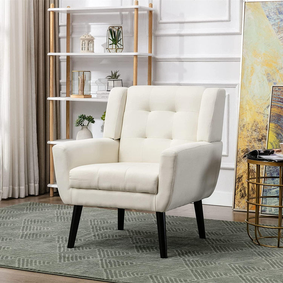 Modern Accent Chair with Arms, Upholstered Linen Fabric Reading Side Chair Tufted Back Decorative Wingback Chair for Living Room Bedroom - Ouch Cart 