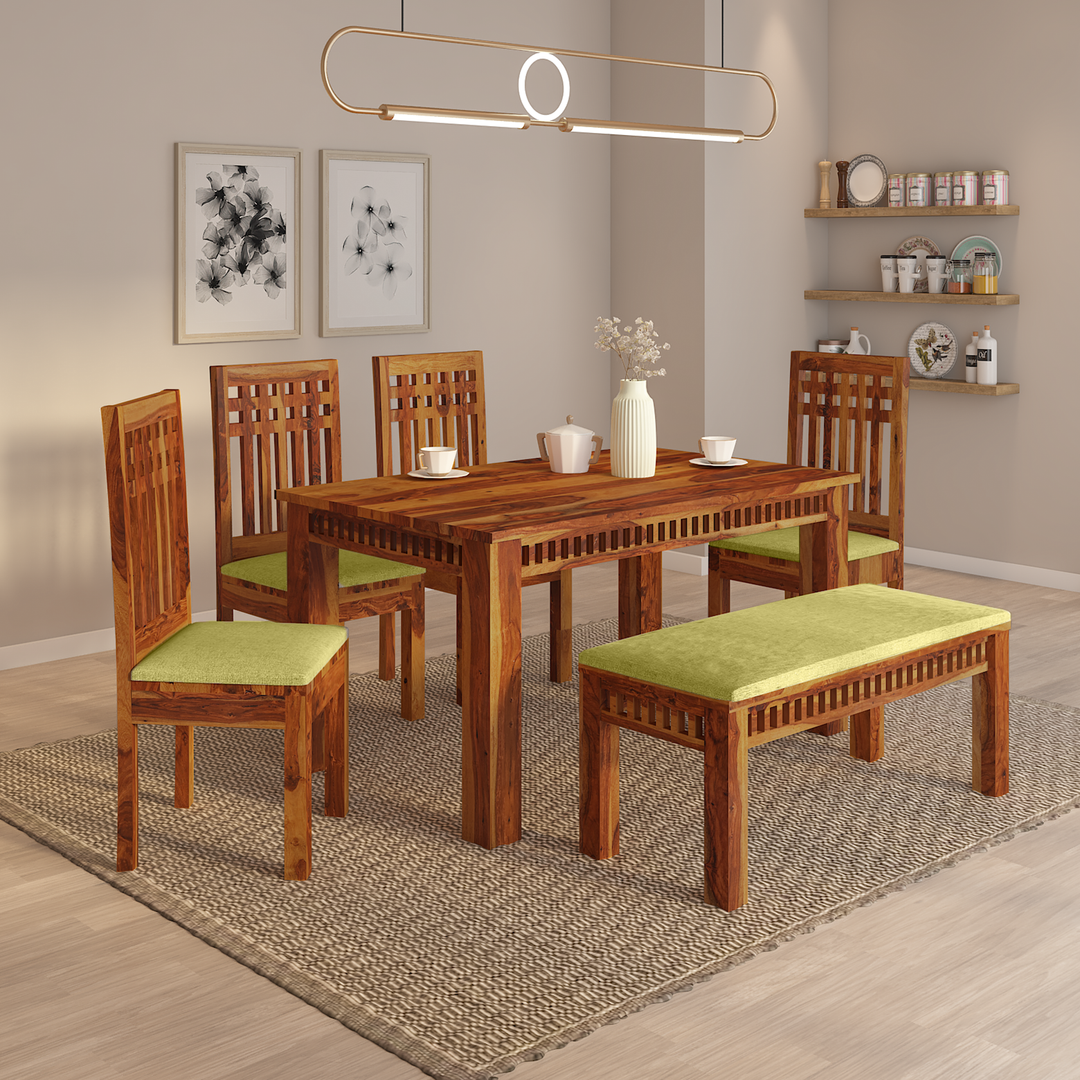 Falguni Sheesham Wood Dining Table Set (6 seater) In Light Honey