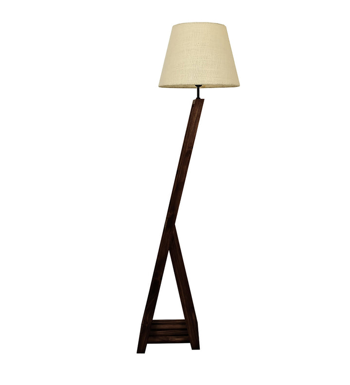 Bezalel Wooden Floor Lamp with Brown Base and Beige Fabric Lampshade