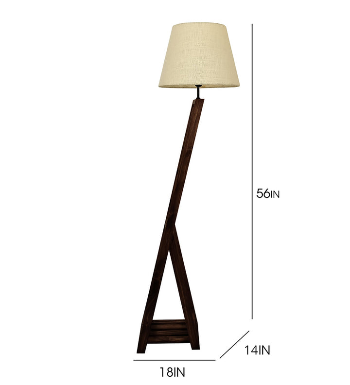 Bezalel Wooden Floor Lamp with Brown Base and Beige Fabric Lampshade