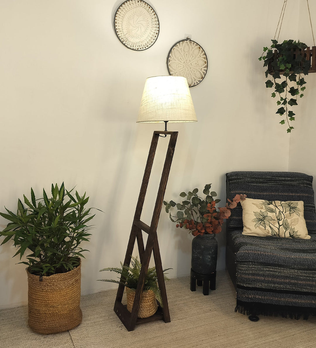 Bezalel Wooden Floor Lamp with Brown Base and Beige Fabric Lampshade