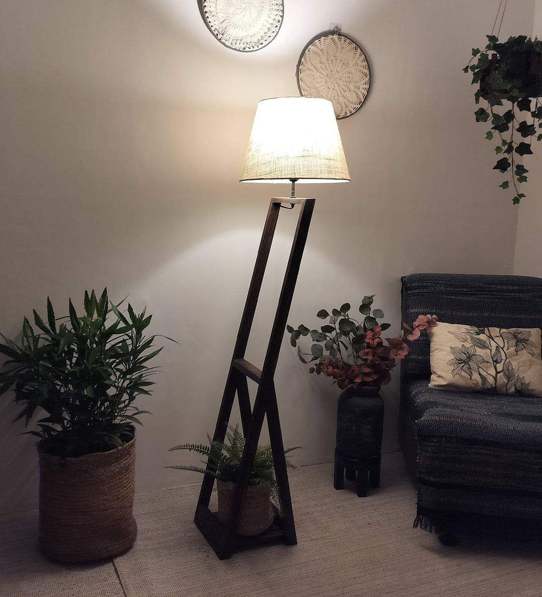 Bezalel Wooden Floor Lamp with Brown Base and Beige Fabric Lampshade