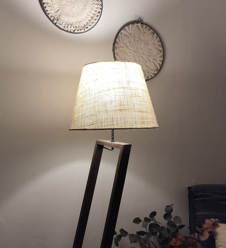 Bezalel Wooden Floor Lamp with Brown Base and Beige Fabric Lampshade