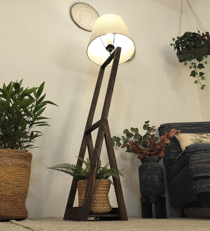 Bezalel Wooden Floor Lamp with Brown Base and Beige Fabric Lampshade