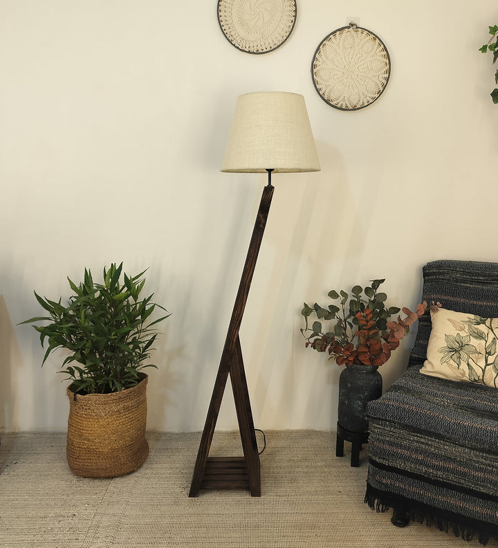 Bezalel Wooden Floor Lamp with Brown Base and Beige Fabric Lampshade