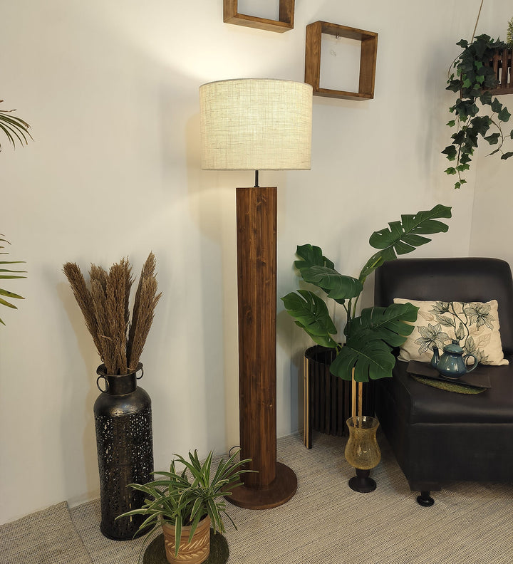 Cedar Wooden Floor Lamp With Brown Base and Beige Fabric Lampshade