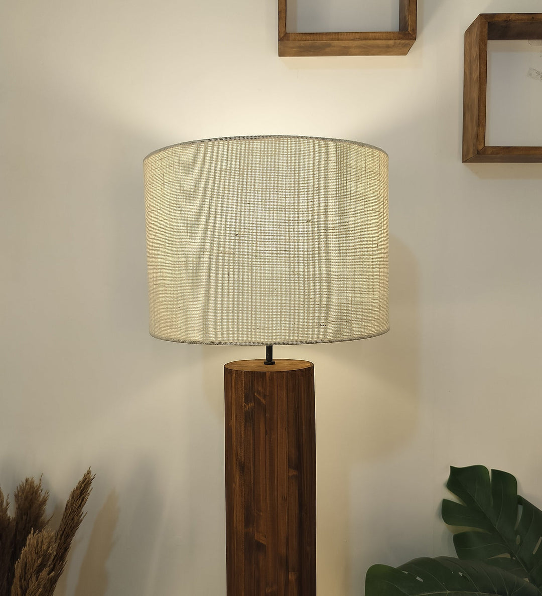 Cedar Wooden Floor Lamp With Brown Base and Beige Fabric Lampshade