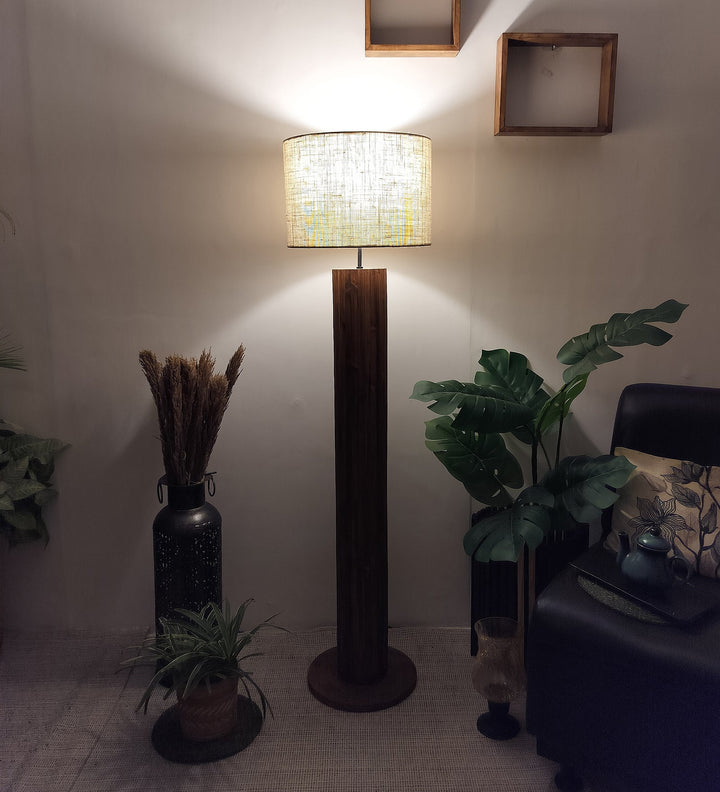 Cedar Wooden Floor Lamp With Brown Base and Beige Fabric Lampshade