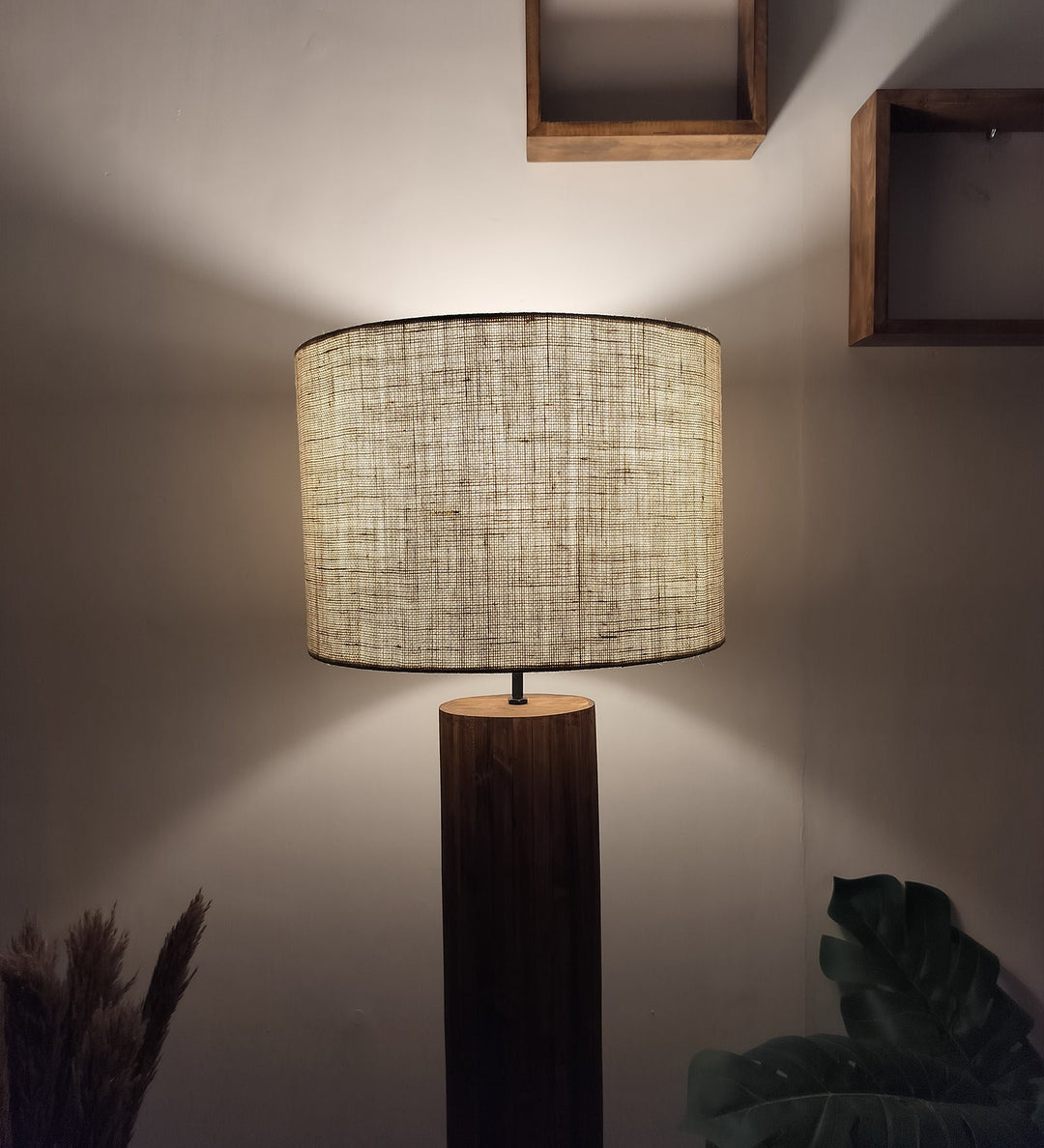 Cedar Wooden Floor Lamp With Brown Base and Beige Fabric Lampshade