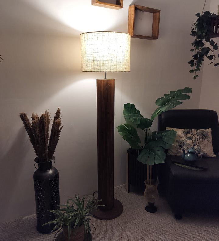 Cedar Wooden Floor Lamp With Brown Base and Beige Fabric Lampshade