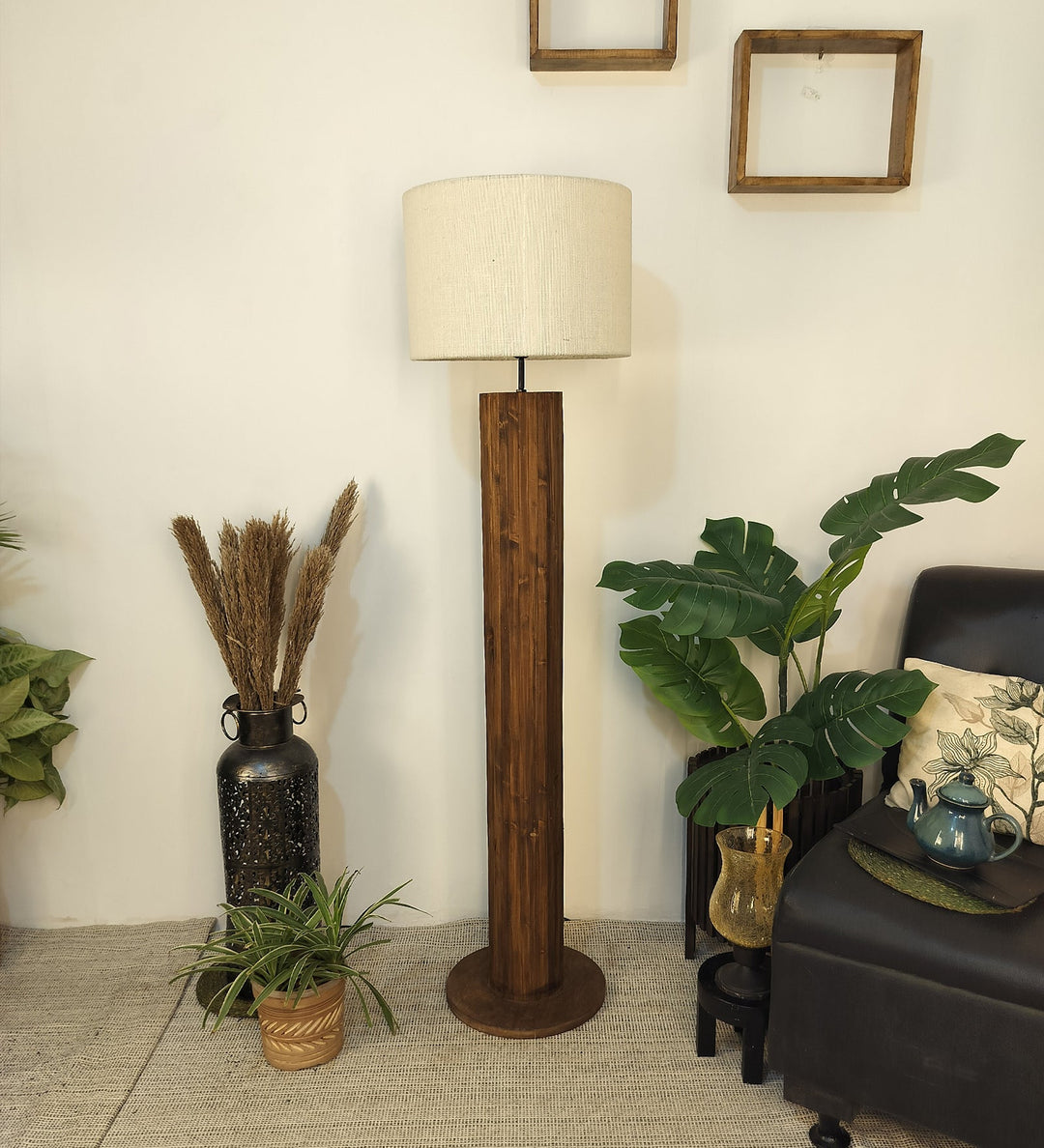 Cedar Wooden Floor Lamp With Brown Base and Beige Fabric Lampshade