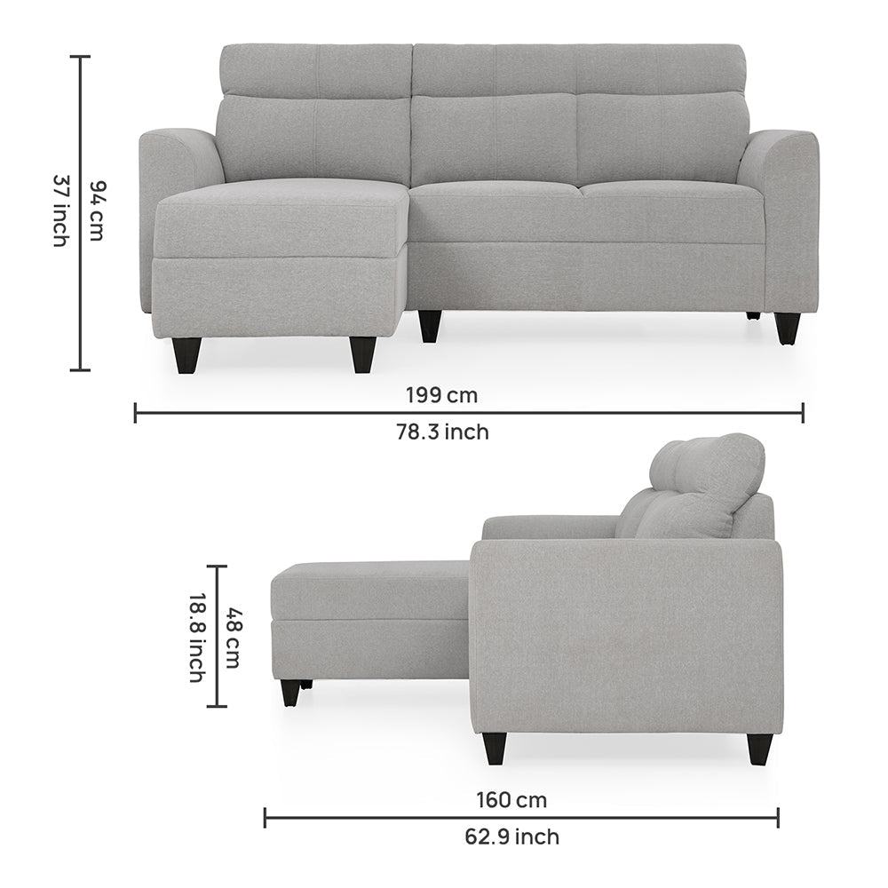 Zivo Plus Cloudy Gray Fabric 2 Seater Sofa with Lounger