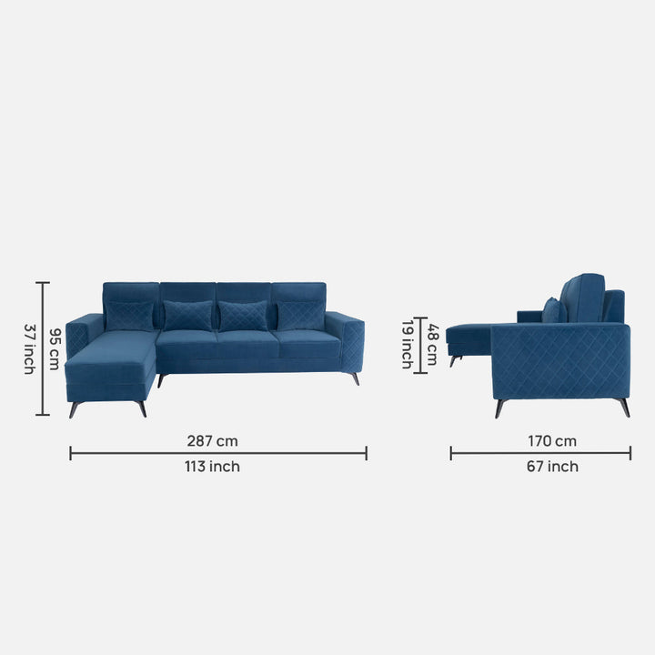 Efrem Sapphire Blue Fabric 3 Seater Sofa With Lounger