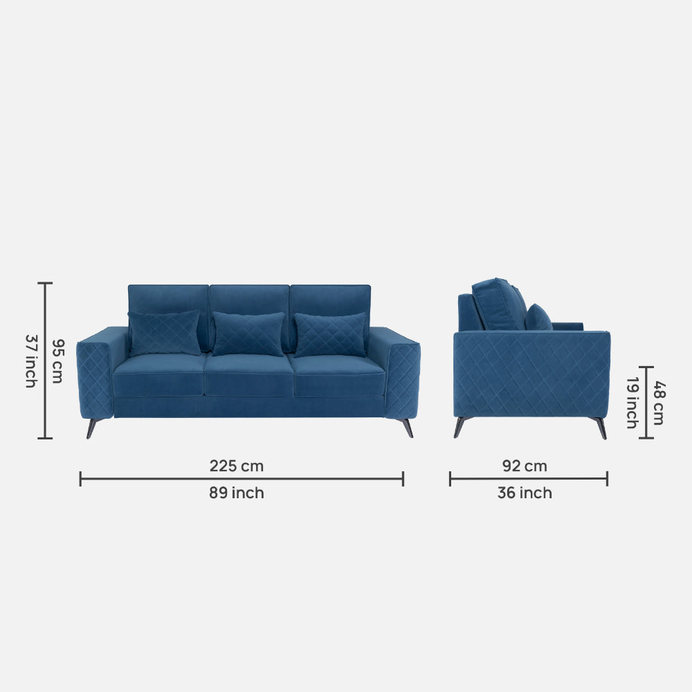 Elizar Sapphire Blue Fabric 3 Seater Sofa