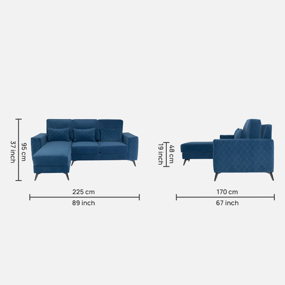 Efim Blue Fabric 2 Seater Sofa With Lounger