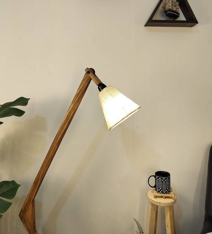 Emphasis Wooden Floor Lamp with Brown Base and Beige Fabric Lampshade