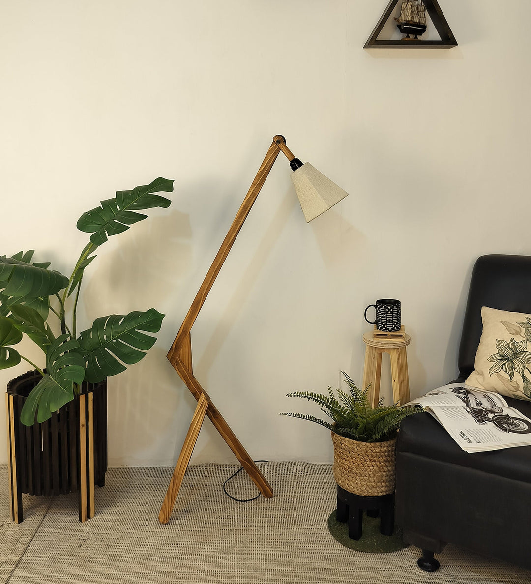 Emphasis Wooden Floor Lamp with Brown Base and Beige Fabric Lampshade