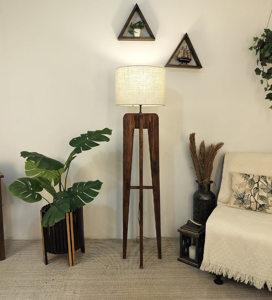 Jet Wooden Floor Lamp With Brown Base and Beige Fabric Lampshade