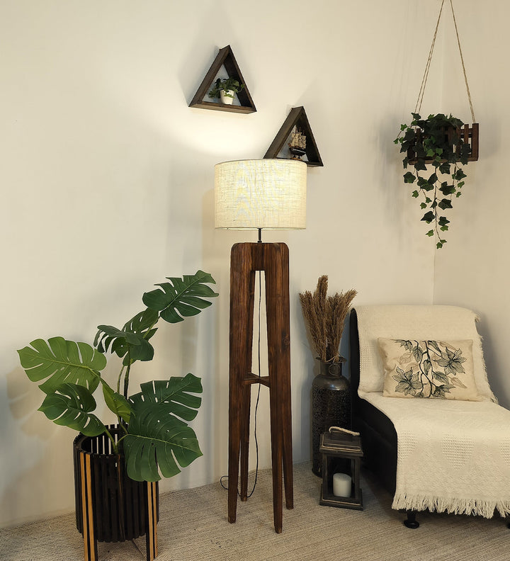 Jet Wooden Floor Lamp With Brown Base and Beige Fabric Lampshade