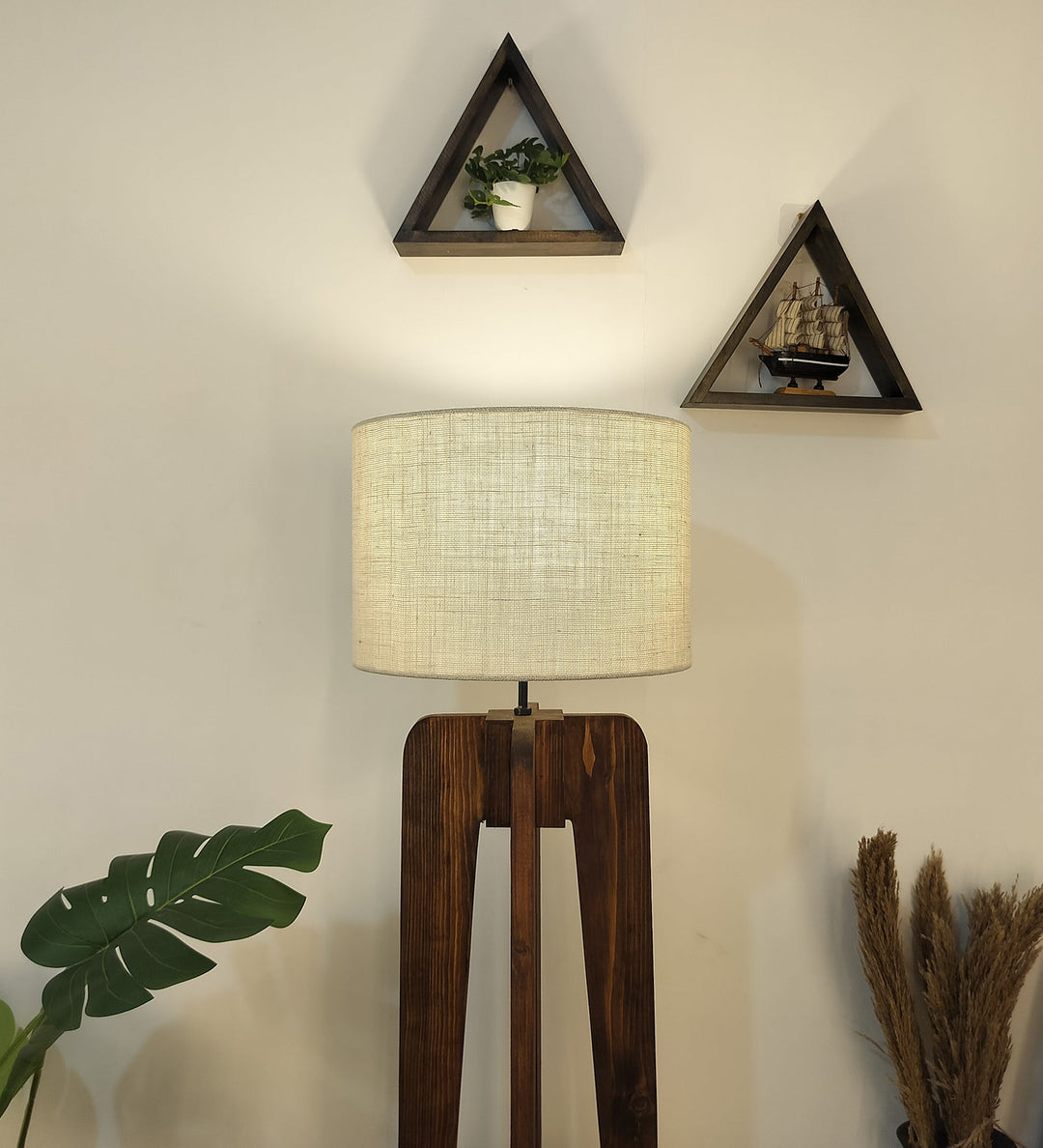 Jet Wooden Floor Lamp With Brown Base and Beige Fabric Lampshade