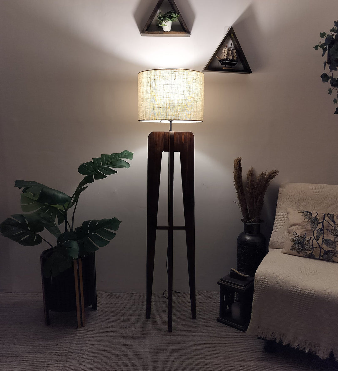 Jet Wooden Floor Lamp With Brown Base and Beige Fabric Lampshade