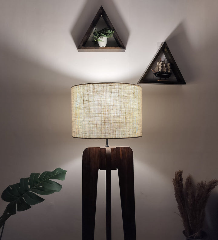 Jet Wooden Floor Lamp With Brown Base and Beige Fabric Lampshade