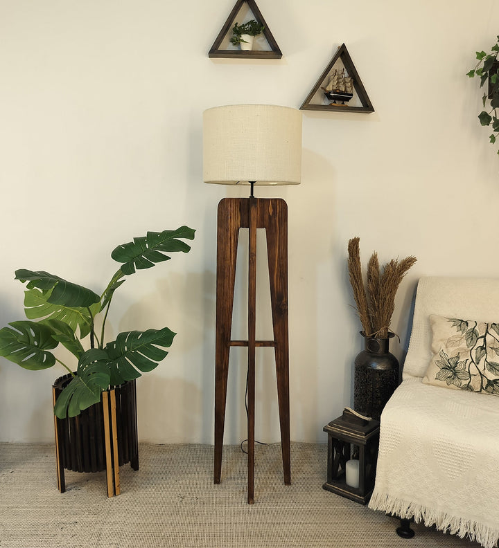 Jet Wooden Floor Lamp With Brown Base and Beige Fabric Lampshade