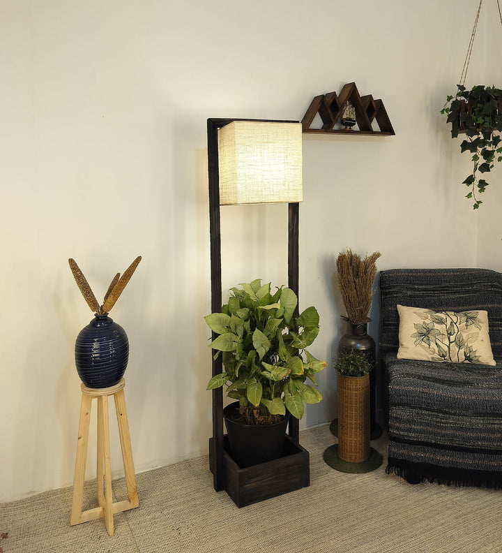 Lyon Wooden Floor Lamp with Brown Base and Beige Fabric Lampshade