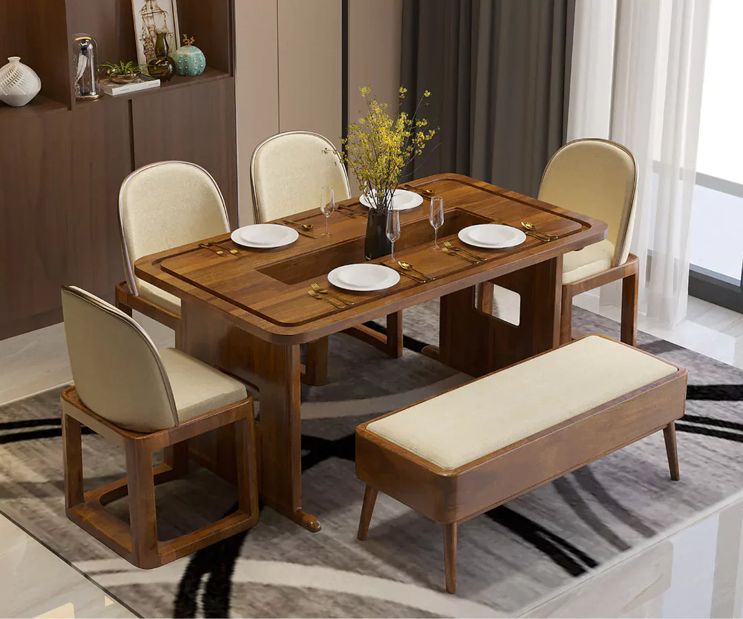 Vornax Dining Table with Bench and 4 Chairs - Dark Brown Finish