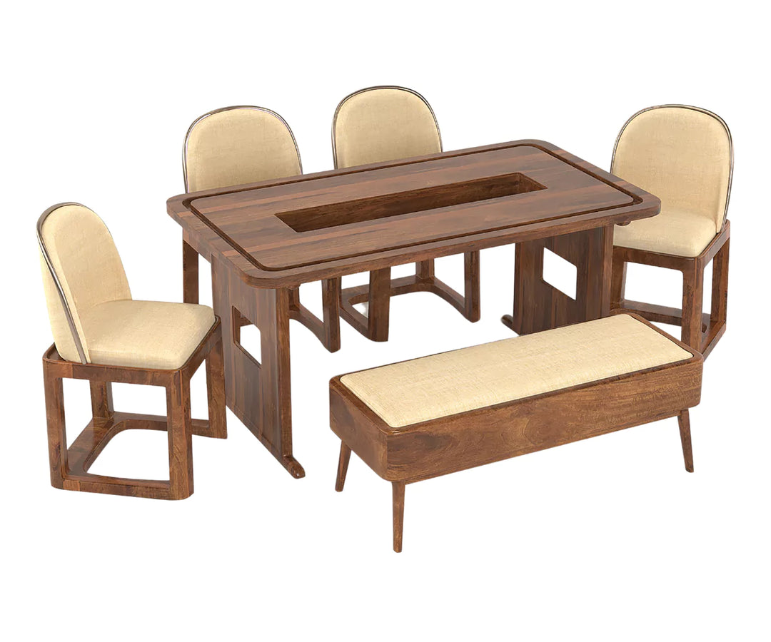 Vornax Dining Table with Bench and 4 Chairs - Mocha Finish