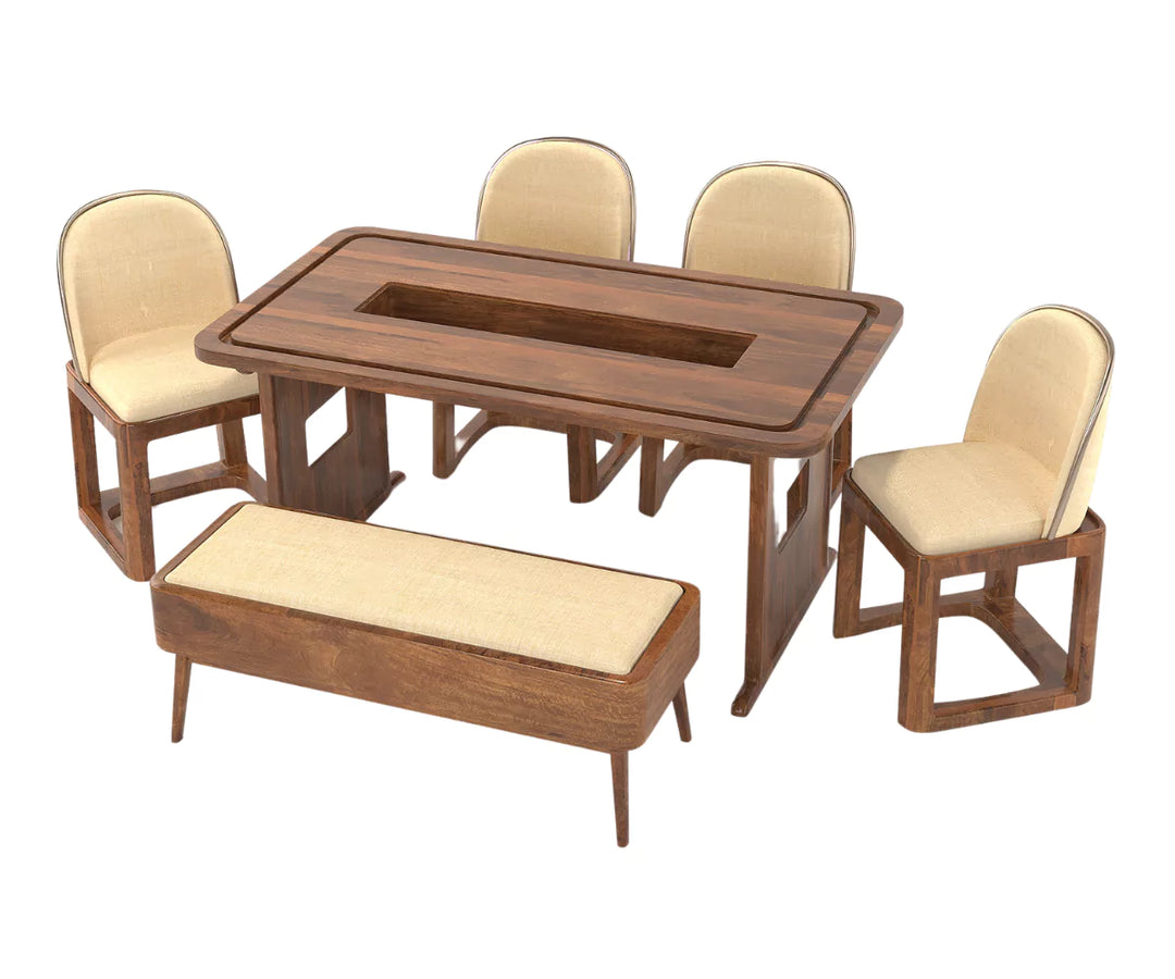 Vornax Dining Table with Bench and 4 Chairs - Clay Brown Finish