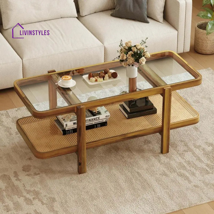 Aaradhya Solid Wood Coffee Table with Cane Weaving and Glass Top