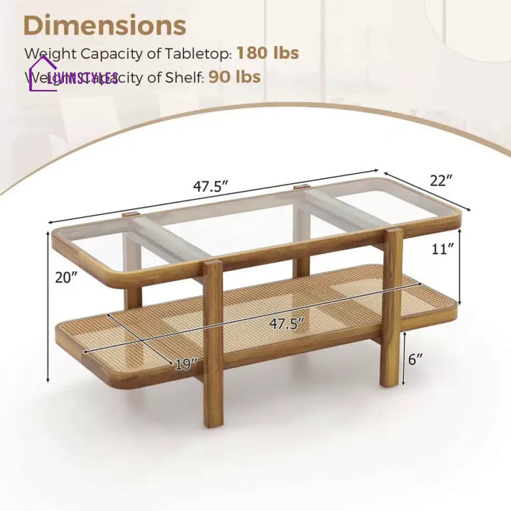 Aaradhya Solid Wood Coffee Table with Cane Weaving and Glass Top