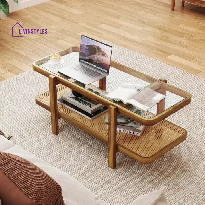 Aaradhya Solid Wood Coffee Table with Cane Weaving and Glass Top