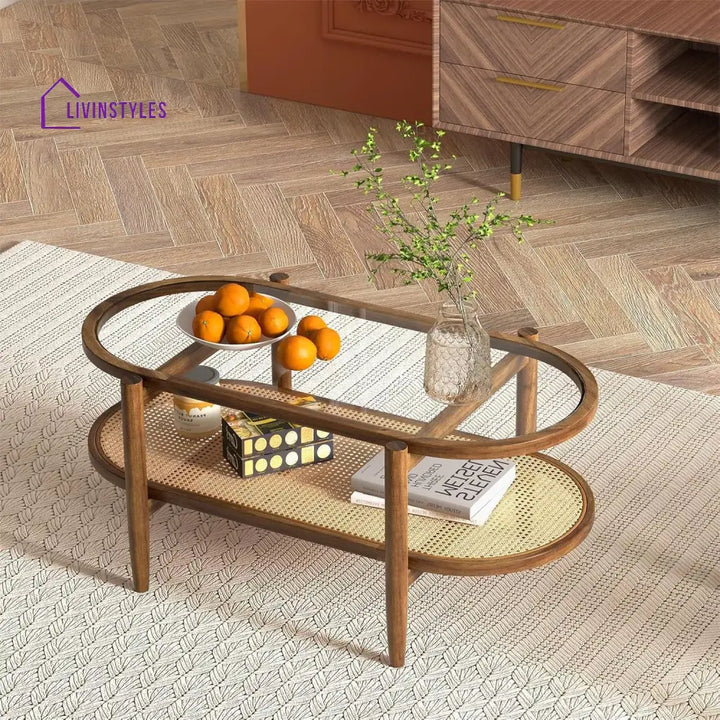 Abhay Solid Wood And Cane Coffee Table For Living Room