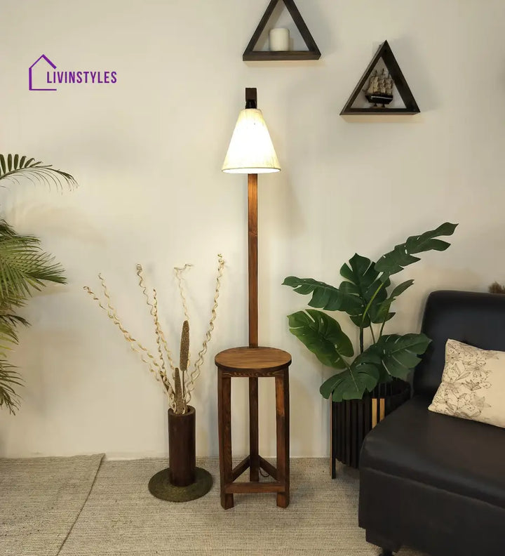 Accent Wooden Floor Lamp With Brown Base And Beige Fabric Lampshade Lamps