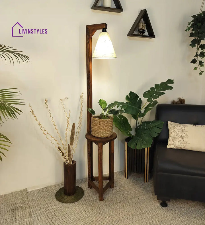 Accent Wooden Floor Lamp With Brown Base And Beige Fabric Lampshade Lamps