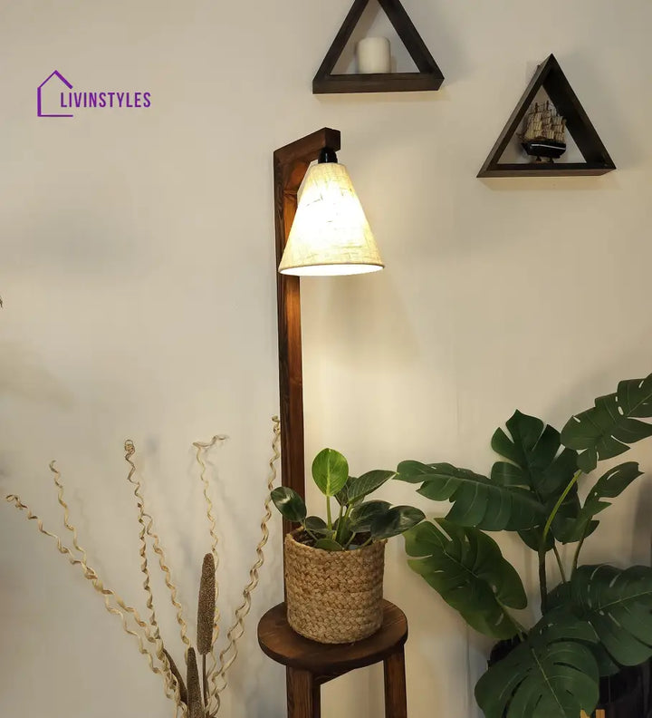 Accent Wooden Floor Lamp With Brown Base And Beige Fabric Lampshade Lamps