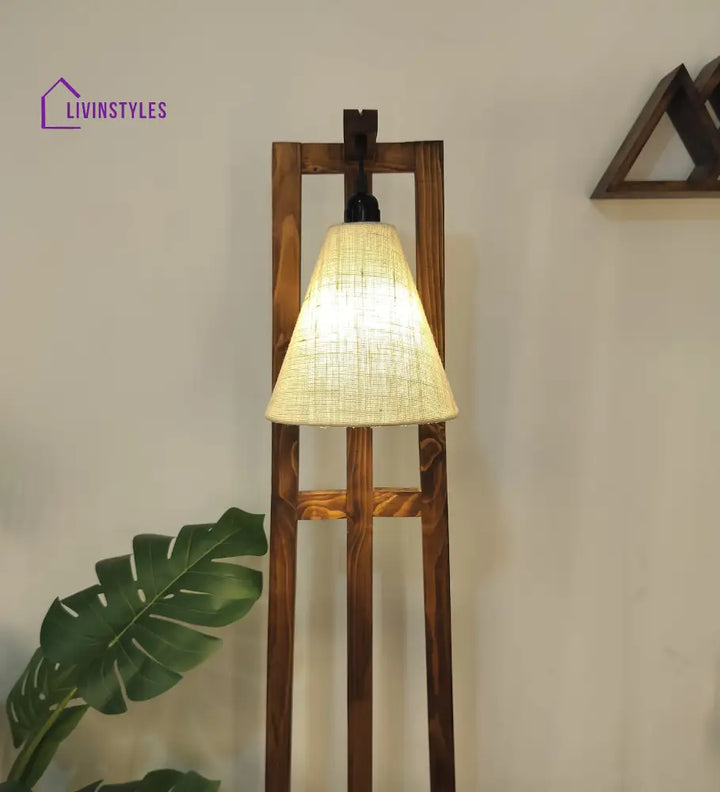 Achille Wooden Floor Lamp With Brown Base And Jute Fabric Lampshade Lamps