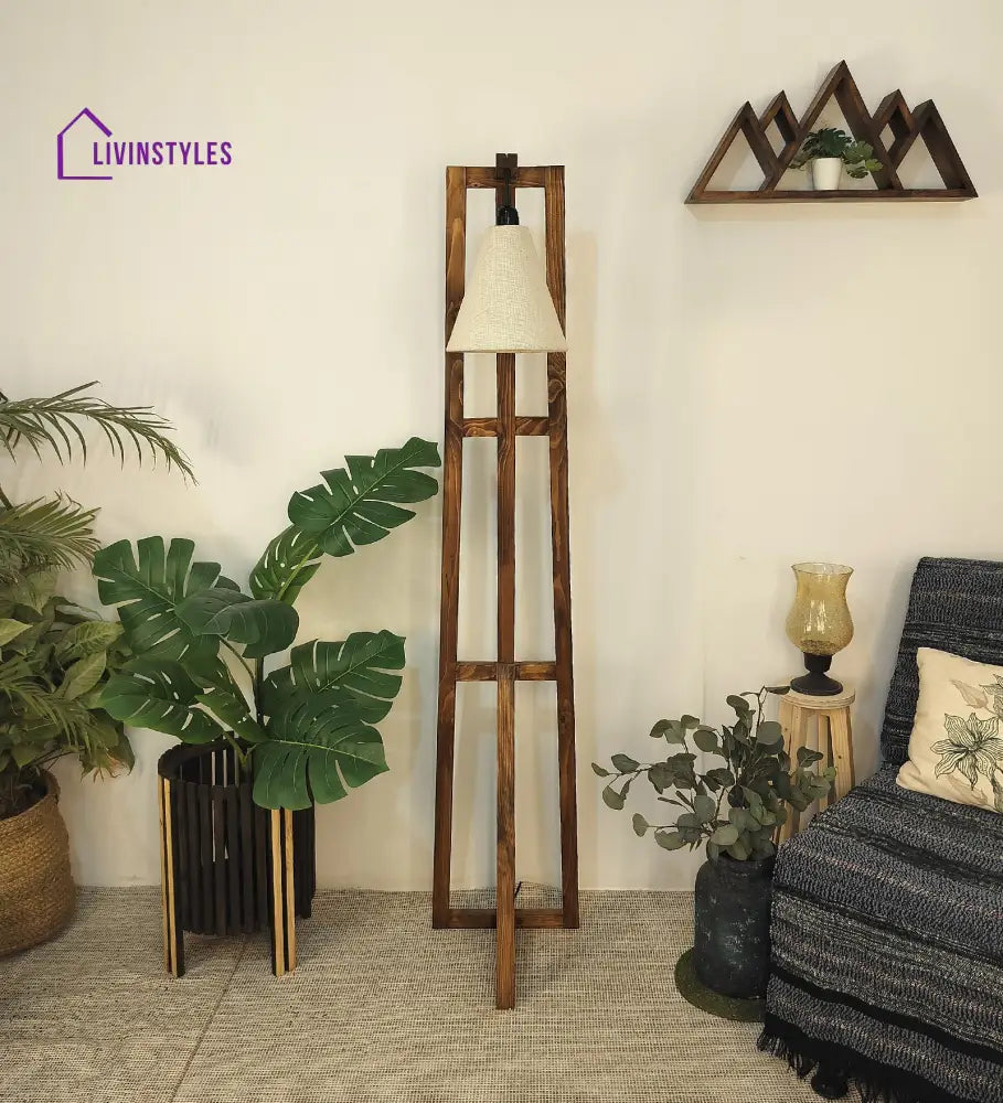 Achille Wooden Floor Lamp With Brown Base And Jute Fabric Lampshade Lamps